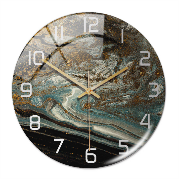 Runde Wanduhr mit Marmor-Design, goldene Zeiger, moderne Dekoration, Wohnzimmer-Uhr.