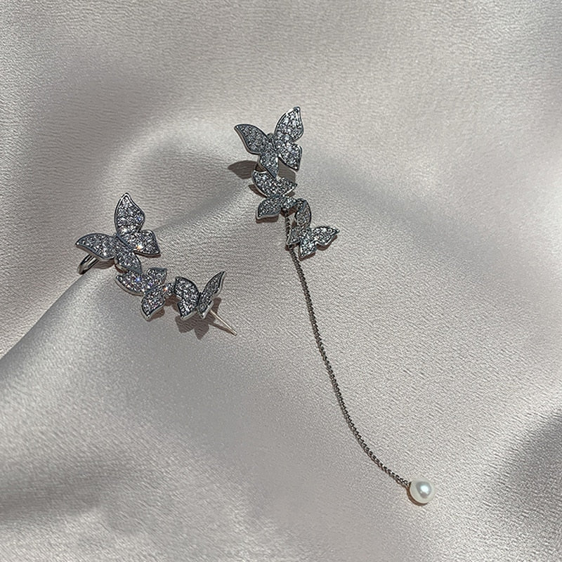 Schmetterling Ohrringe Silber mit Strass und Perle, eleganter Schmuck für Damen.