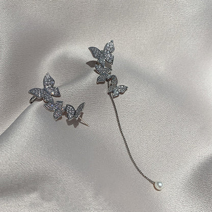 Schmetterling Ohrringe Silber mit Strass und Perle, eleganter Schmuck für Damen.