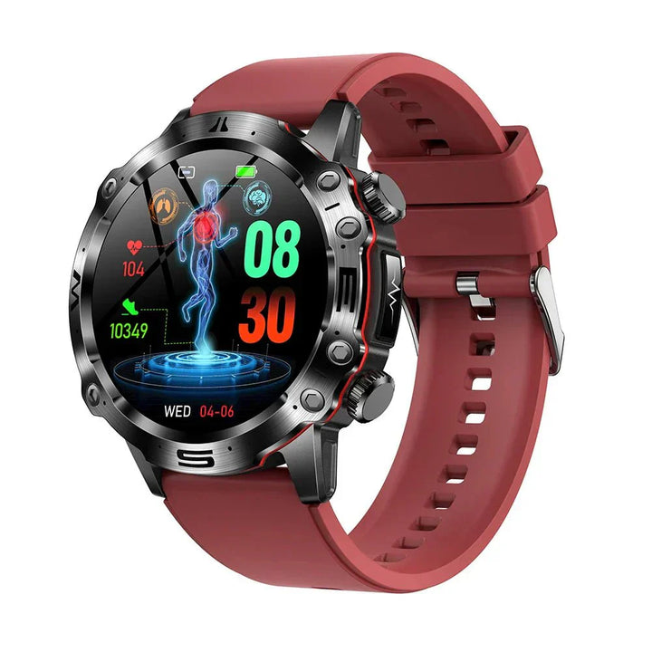 Rote Smartwatch mit rundem Display, Fitness-Tracker, Edelstahlgehäuse, Sportuhr, digital.