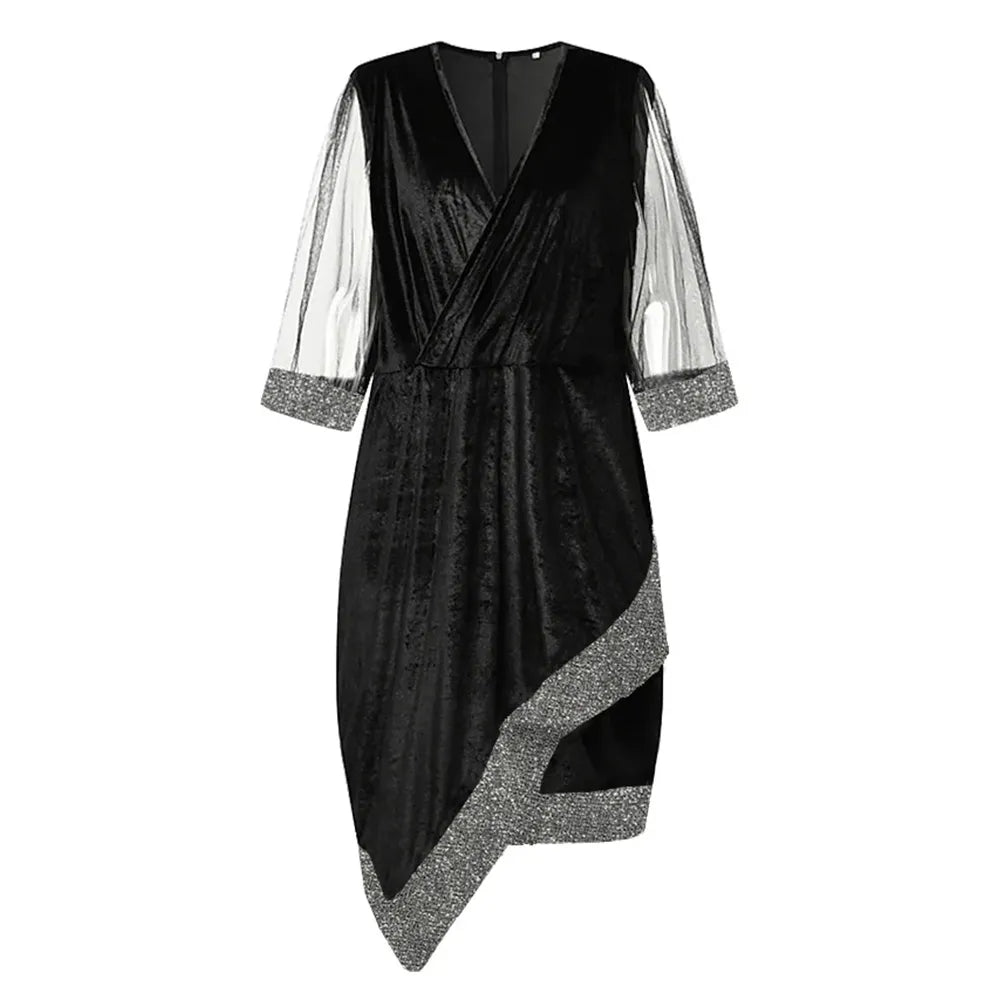 Schwarzes Samtkleid mit silbernen Ärmeln, asymmetrischem Saum, elegantes Abendmode Damen.