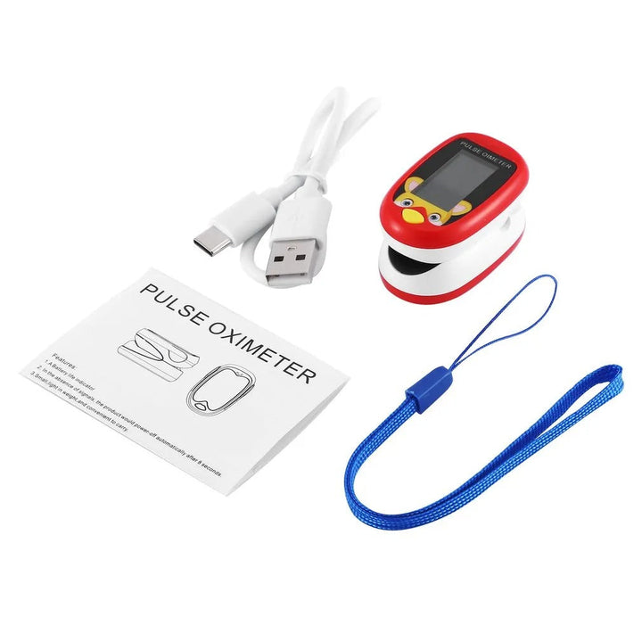 Roter Finger-Pulsoximeter mit USB-Kabel, Anleitung und blauem Trageband.