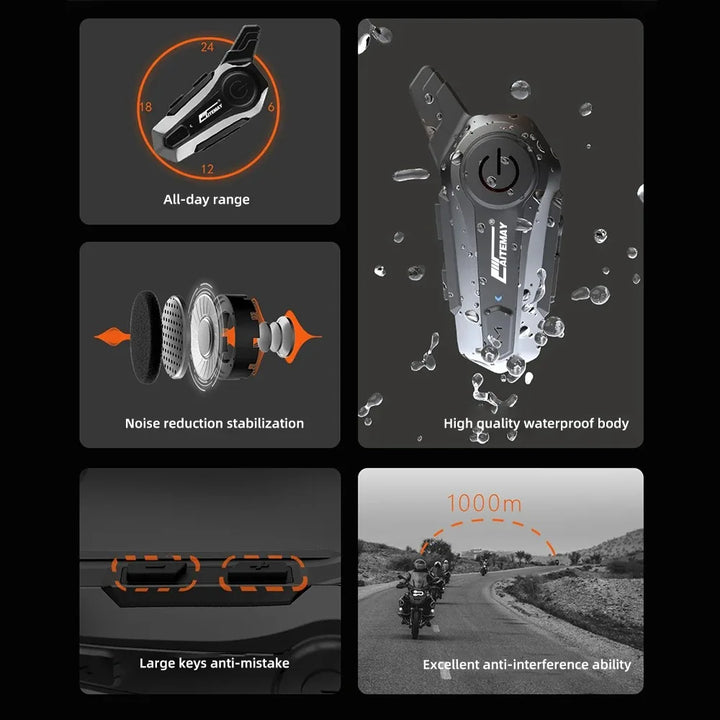Bluetooth headset s interkomem pro motocyklovou přilbu s dosahem 1000 m a odolností proti vodě (IPX6) – RoadComm