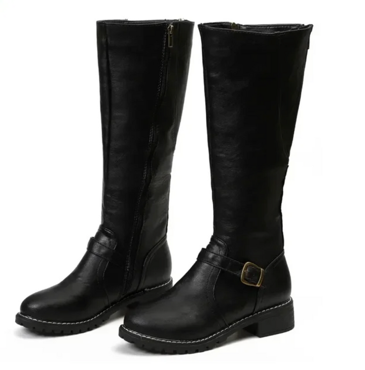 Schwarze Damenstiefel aus Leder mit Schnalle, Reißverschluss, kniehoch, modisch, robust.