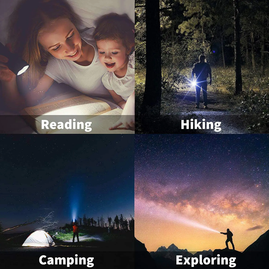 Vier Bilder: Frau liest mit Kind, Person wandert, zeltet und erkundet mit Taschenlampe im Freien.