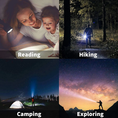 Vier Bilder: Frau liest mit Kind, Person wandert, zeltet und erkundet mit Taschenlampe im Freien.