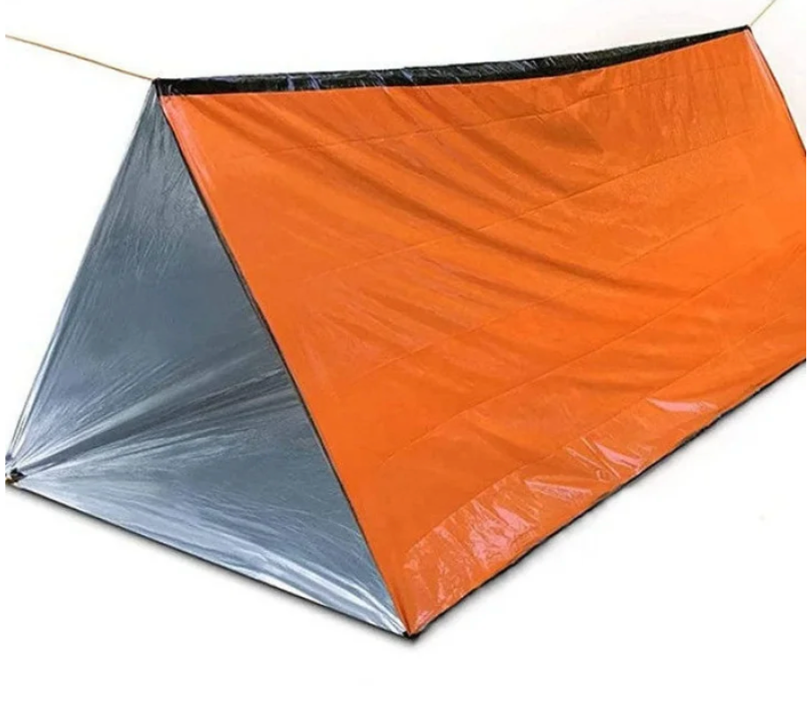 Orange-silbernes Notfallzelt, wasserdicht, tragbar, für Outdoor-Camping und Survival.
