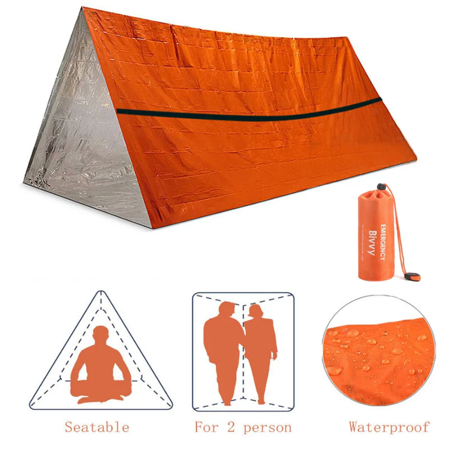 Orange Notfallzelt für 2 Personen, wasserdicht, tragbar, ideal für Outdoor-Abenteuer.