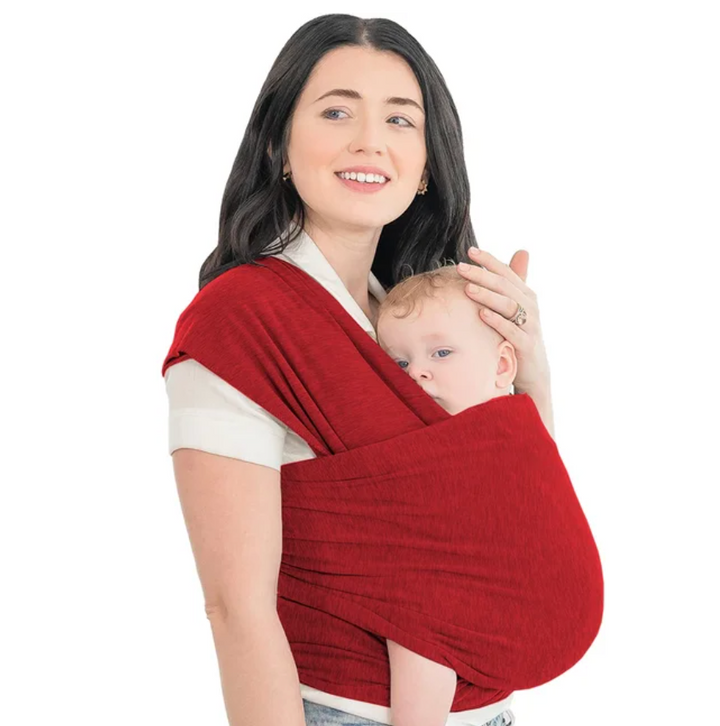 Frau mit rotem Babytragetuch, Babytrage, bequem, weich, Mutter und Kind, Alltag, Bindetuch.
