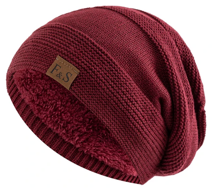 Bordeauxrote Strickmütze mit Fleece-Futter, Wintermütze, Unisex, warm und stylisch.
