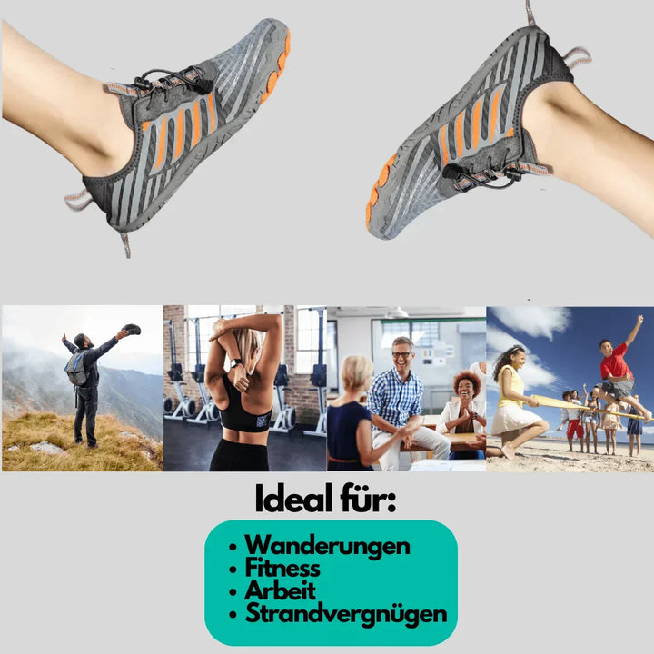 Graue Sportschuhe mit orangefarbenen Akzenten, ideal für Wandern, Fitness, Arbeit, Strand.