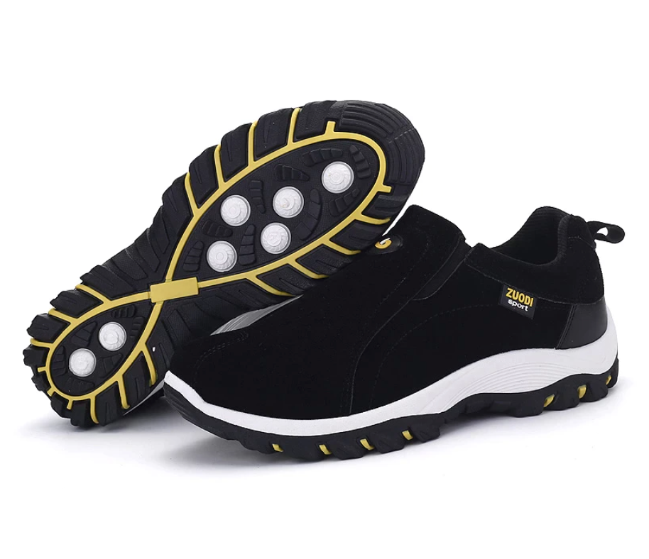 Schwarze Herren-Sneaker mit gelber Sohle, rutschfest, sportlich, bequem, ZUODI Marke.