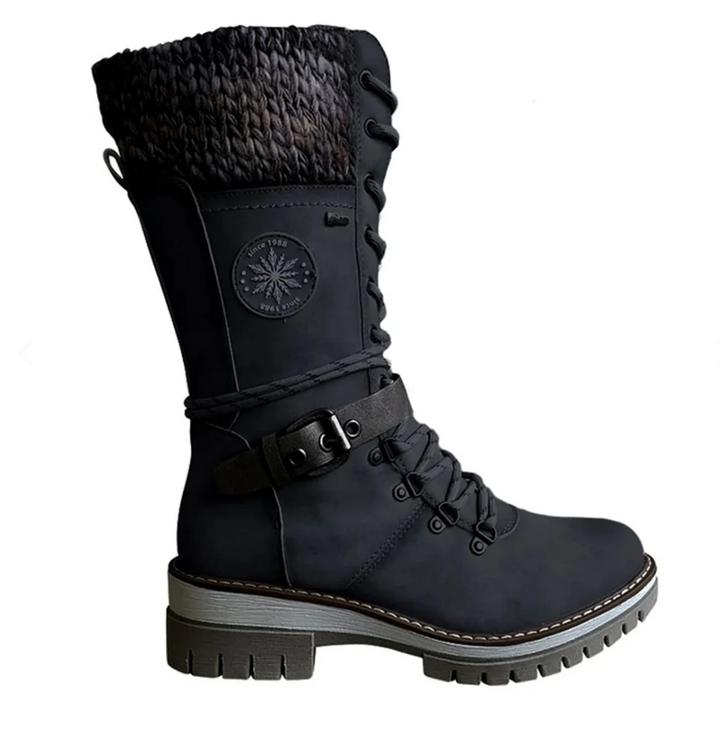 Schwarzer Damen-Winterstiefel, gefüttert, Schnürung, rutschfeste Sohle, robust, modisch.