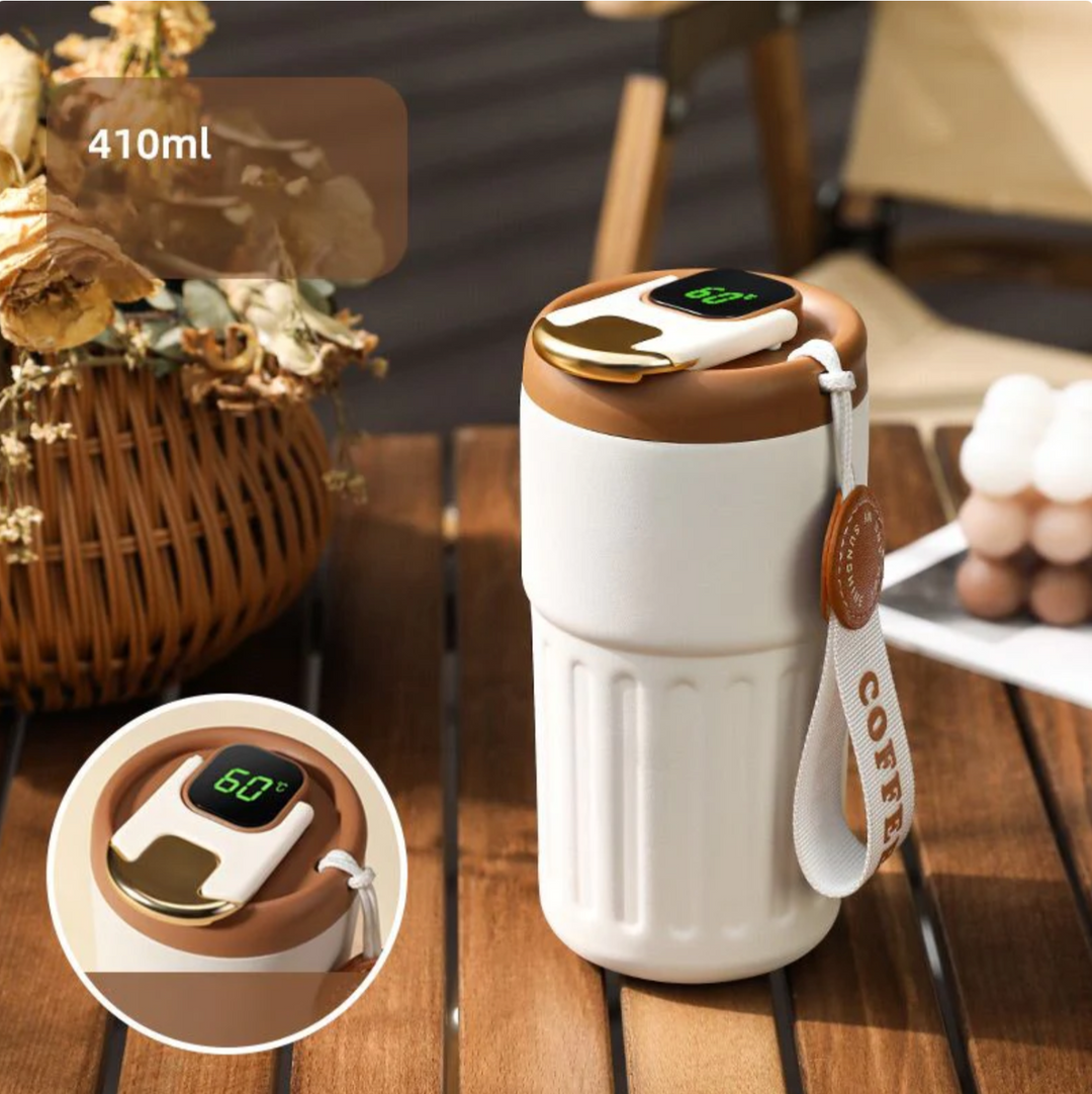 Thermosbecher 410ml, weiß, mit digitalem Temperaturdisplay, ideal für Kaffee unterwegs.
