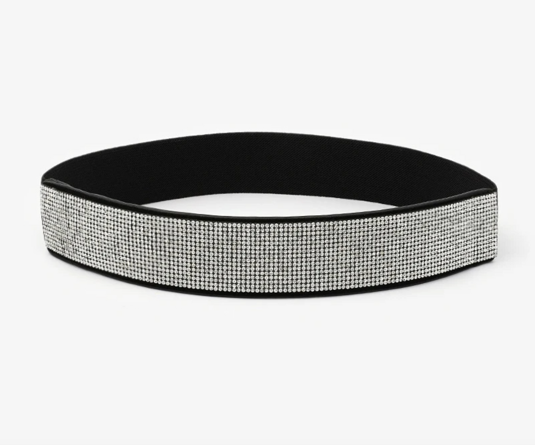 Schwarzes Stirnband mit silbernen Strasssteinen, elastisch, modisches Accessoire.