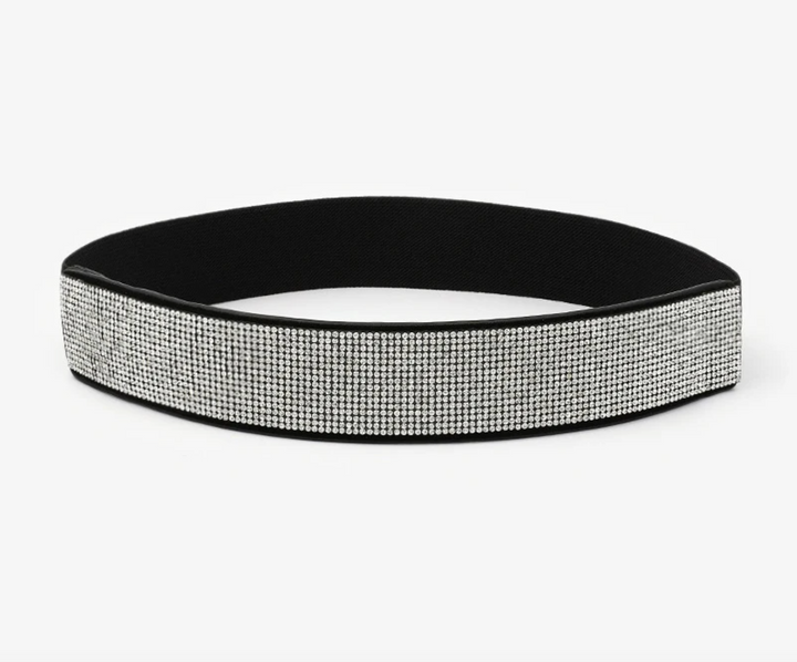 Schwarzes Stirnband mit silbernen Strasssteinen, elastisch, modisches Accessoire.