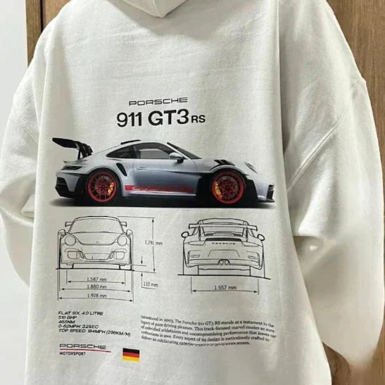 Weißer Hoodie mit Porsche 911 GT3 RS Druck, Auto-Design, technische Zeichnungen, Unisex-Mode.