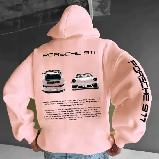 Rosa Porsche 911 Kapuzenpullover, Auto-Design, Baumwolle, Unisex, Rückseite und Ärmel bedruckt.