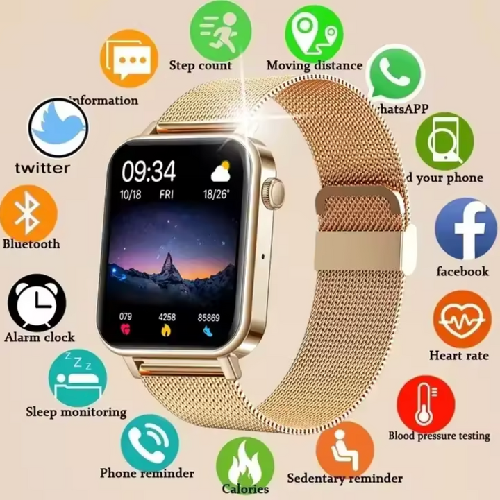 Goldene Smartwatch mit Fitness-Tracking, Herzfrequenzmesser, Schlafüberwachung, App-Integration.