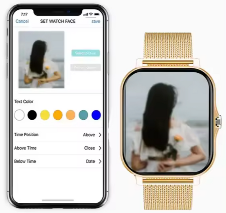 Smartwatch mit goldfarbenem Mesh-Armband, personalisierbarem Zifferblatt, Smartphone-App-Steuerung.