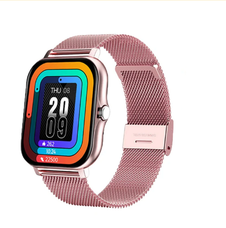 Roségoldene Smartwatch mit Metallarmband, Fitness-Tracker, quadratisches Display, digital.