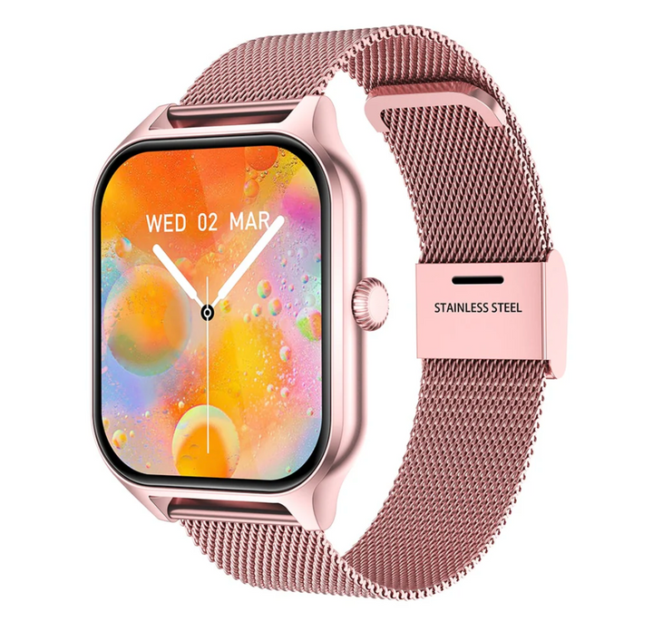 Roségoldene Smartwatch mit Edelstahlarmband, quadratischem Display und buntem Zifferblatt.