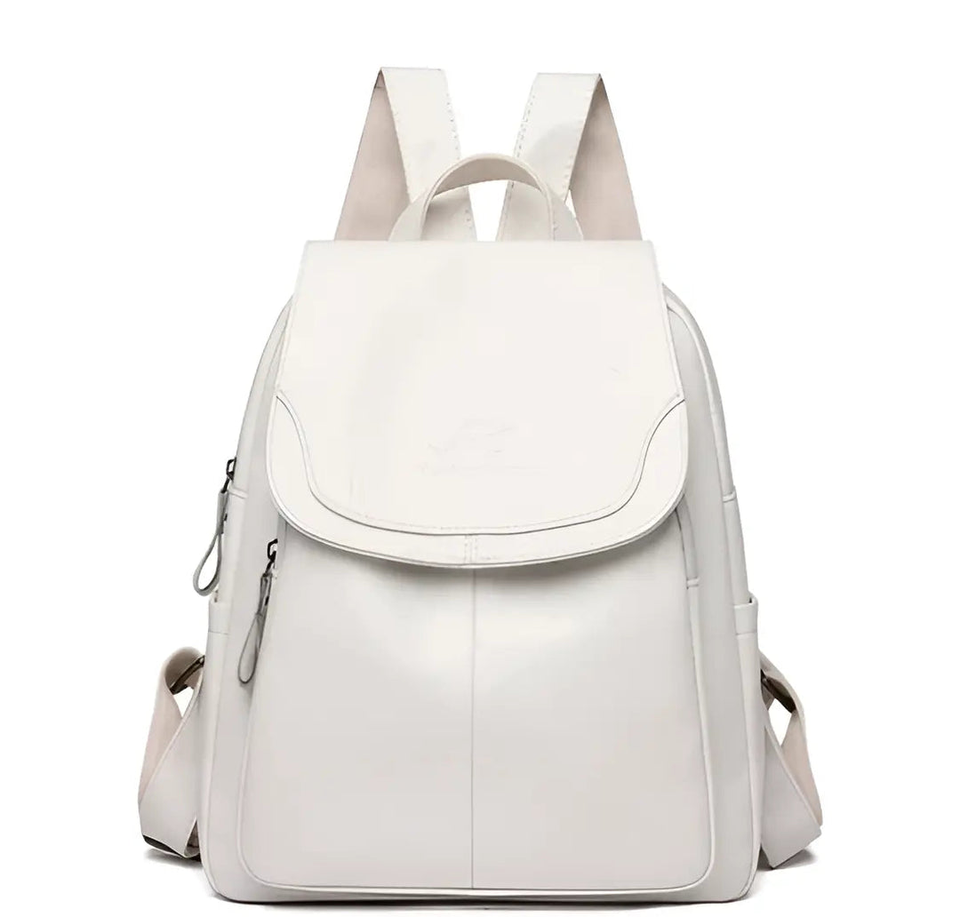 Weißer Lederrucksack mit Reißverschlüssen, stilvolles Design, ideal für Damen.