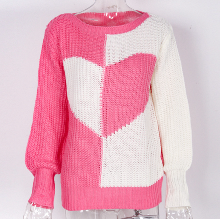 Rosa-weißer Strickpullover mit Herzmuster, Damenmode, Baumwolle, lässiger Stil.