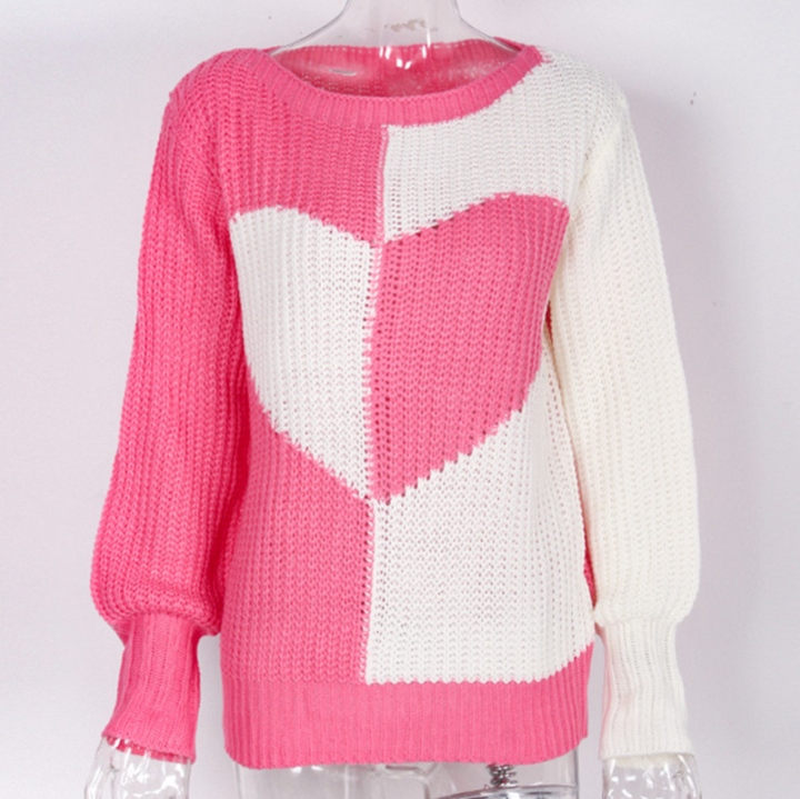 Rosa-weißer Strickpullover mit Herzmuster, Damenmode, Baumwolle, lässiger Stil.