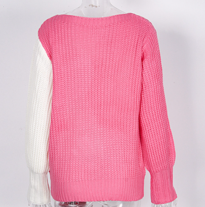 Rosa Strickpullover mit weißem Ärmel, Damenmode, gemütlicher Winterpullover, Baumwolle.