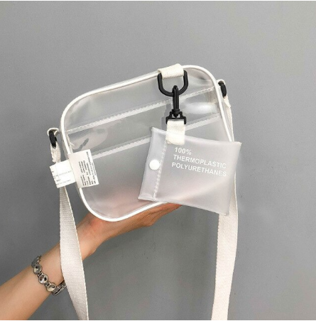 Transparente Umhängetasche aus TPU mit weißem Riemen und abnehmbarer Tasche, modisch und praktisch.