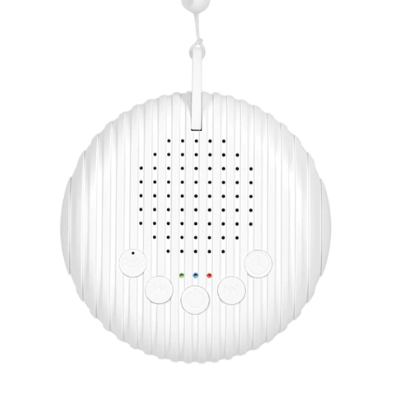 Weißer Babyphone-Lautsprecher mit Bedientasten, rund, kabellos, für Kinderzimmer.