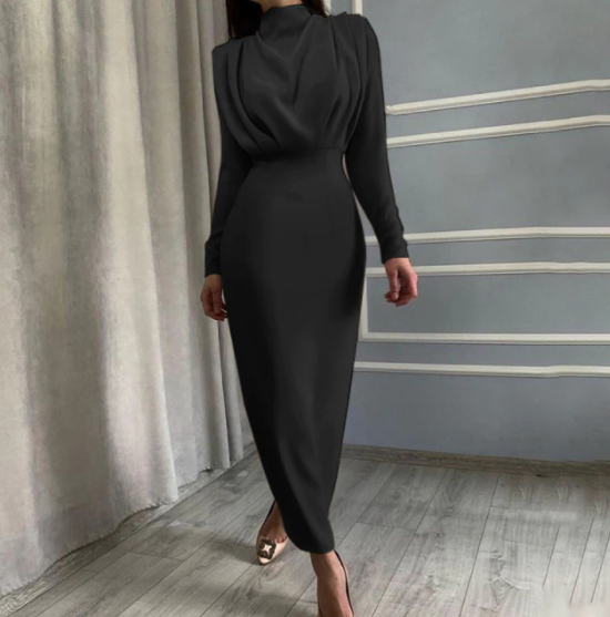 Elegantes schwarzes Abendkleid, langärmelig, figurbetont, für Damenmode und Abendveranstaltungen.