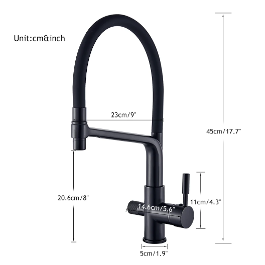 Schwarzer Küchenarmatur, hoher Auslauf, Einhebelmischer, Maße in cm und Zoll.