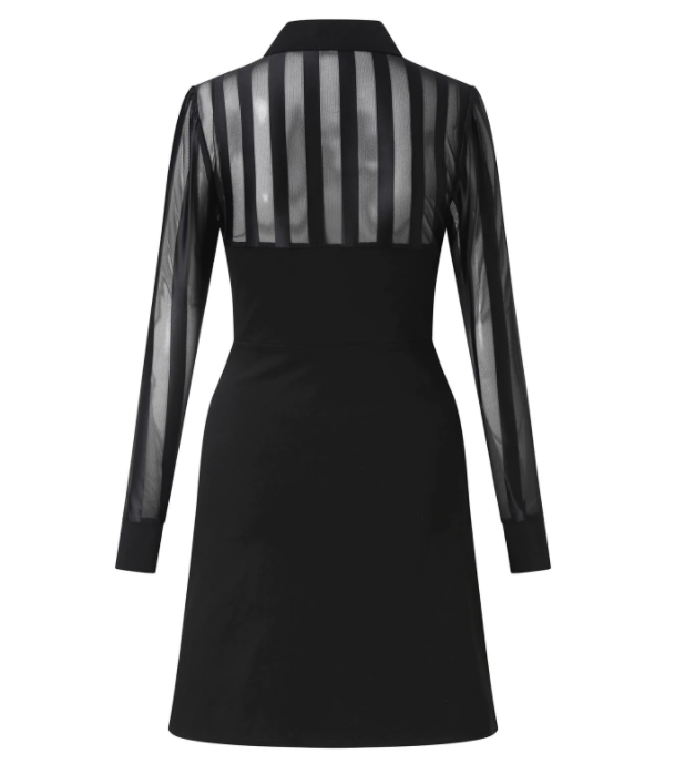 Schwarzes Kleid mit transparenten Streifen, langärmlig, elegantes Design, Damenmode.