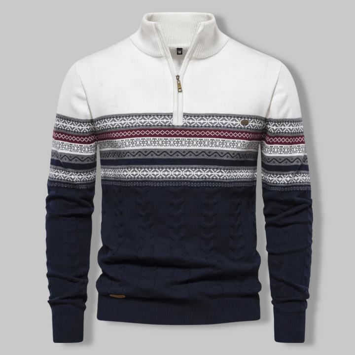 Herrenpullover mit Reißverschluss, Norwegermuster, weiß-blau, Strick, Wintermode, warm.