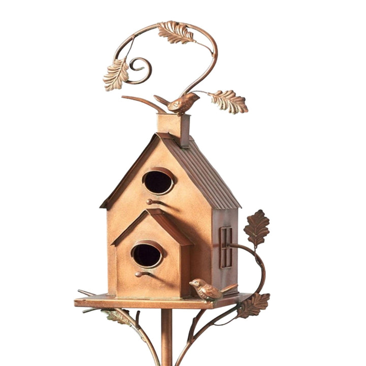 Vogelhaus aus Metall mit zwei Eingängen, dekorative Blätter, bronzefarben, Garten-Deko.