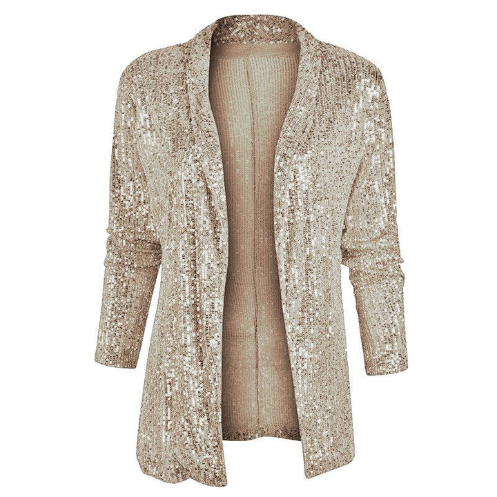 Goldene Paillettenjacke, langärmelig, offen, festlich, Damenmode, Glitzer, elegant.