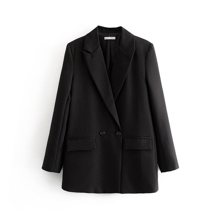 Schwarzer Damenblazer, klassisch, elegant, langärmelig, für Büro und Business-Outfits.