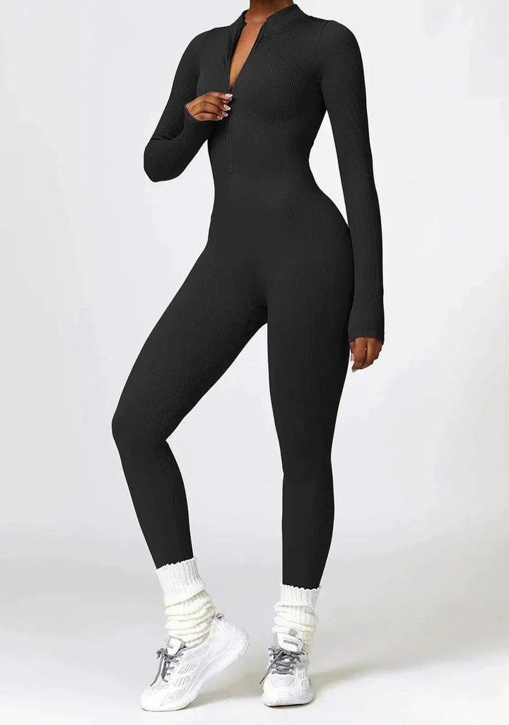 Schwarzer Damen-Jumpsuit, langärmelig, figurbetont, Reißverschluss, modisch, bequem.