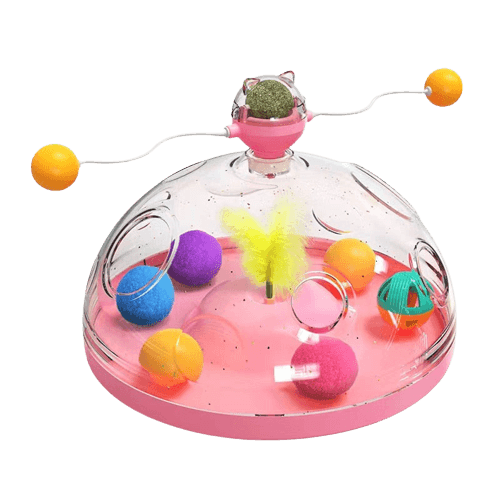 Katzenspielzeug interaktiv, rosa, mit Bällen und Federn, transparent, für Unterhaltung und Bewegung.