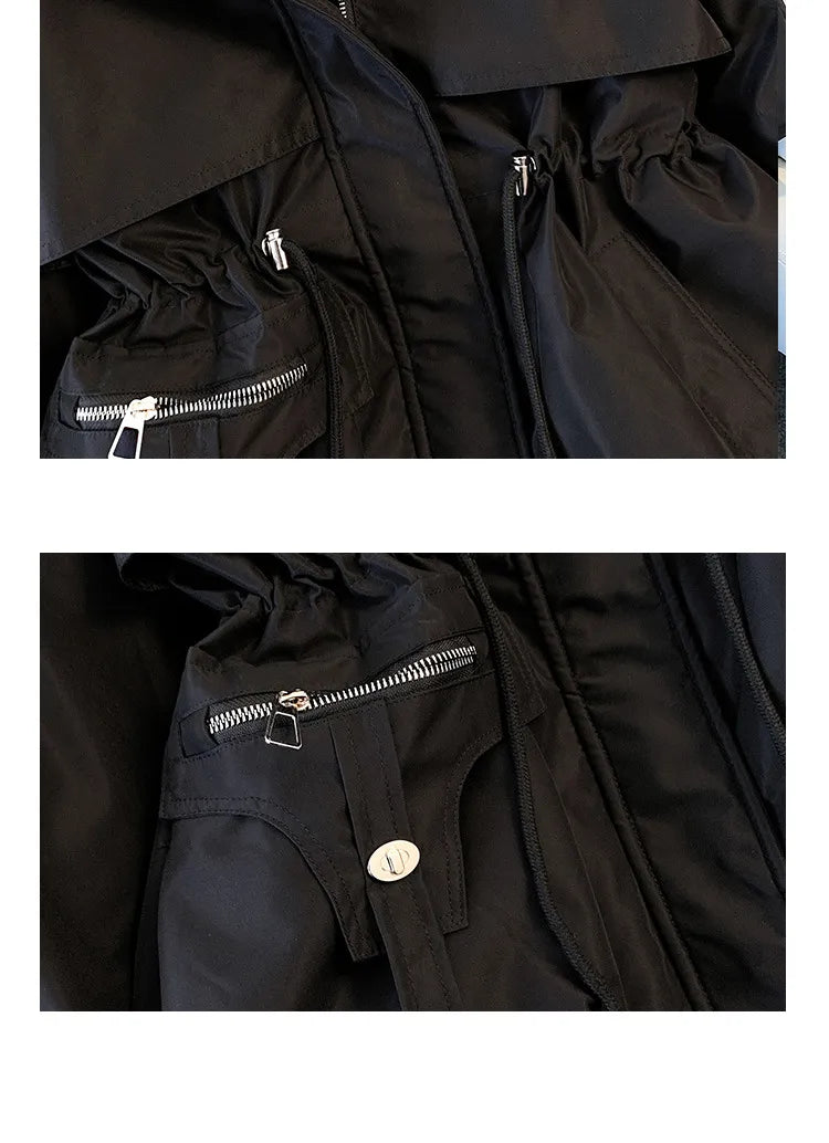 Schwarze Jacke mit Reißverschlusstaschen, modisch, funktional, Outdoor-Bekleidung.