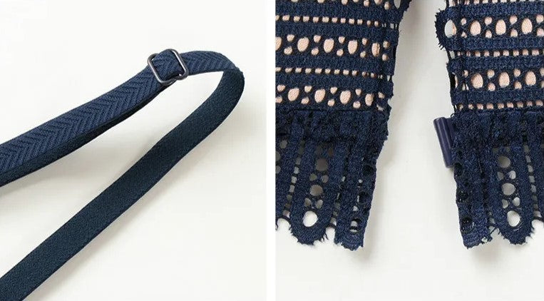 Dunkelblauer Spitzen-BH-Träger und Verschluss, verstellbar, elegant, Damenunterwäsche.