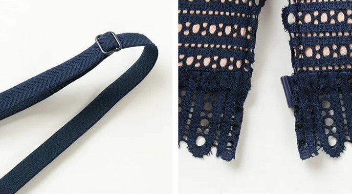 Dunkelblauer Spitzen-BH-Träger und Verschluss, verstellbar, elegant, Damenunterwäsche.