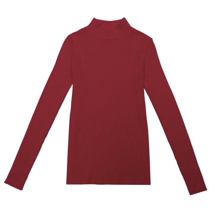 Roter Rollkragenpullover Damen, langärmelig, Strick, elegant, modisch, Herbstmode.