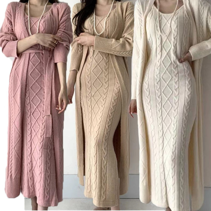 Damen Strickkleid Set, lang, Zopfmuster, rosa, beige, weiß, elegant, Herbstmode.