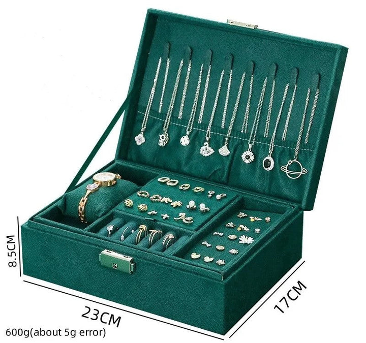 Grüne Schmuckbox mit Fächern für Ohrringe, Ringe, Ketten und Uhren, 23x17x8,5 cm.