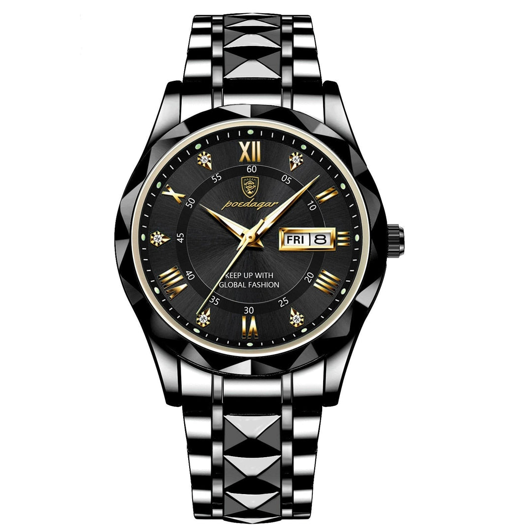 Luxus Herrenarmbanduhr, schwarz, Edelstahl, analog, römische Ziffern, Datum, modisch
