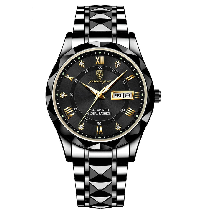 Luxus Herrenarmbanduhr, schwarz, Edelstahl, analog, römische Ziffern, Datum, modisch