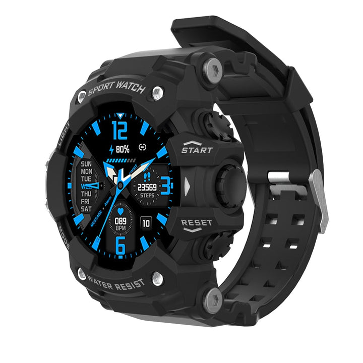Schwarze Sportuhr, wasserdicht, digital, Fitness-Tracker, robustes Design, blaues Display.
